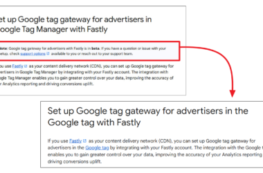 Diagram showing setup instructions for Google tag gateway for advertisers integration with Fastly CDN in Google Tag Manager, with a note about beta status and support options, flowing to detailed setup steps.