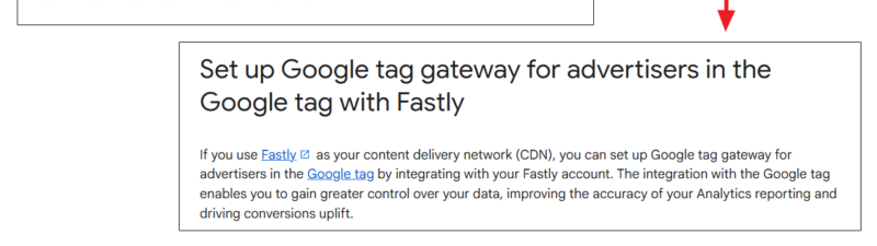 Diagram showing setup instructions for Google tag gateway for advertisers integration with Fastly CDN in Google Tag Manager, with a note about beta status and support options, flowing to detailed setup steps.