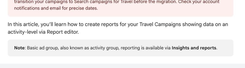 Screenshot of a webpage explaining that Travel campaigns will migrate to Search campaigns in Q3 2026, with a highlighted note about the transition and details on campaign reporting in Report Editor.