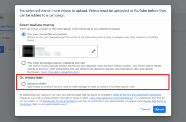 Dialog box showing YouTube video upload options with three selection choices: upload to own channel, upload to video ad storage channel, or save as drafts, with Cancel and Upload buttons at the bottom.