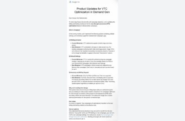 Screenshot of a Google Ads email titled “Product Updates for VTC Optimization in Demand Gen” explaining bidding behavior changes, key benefits, default settings, reasons for using VTC, and instructions for managing campaign settings.