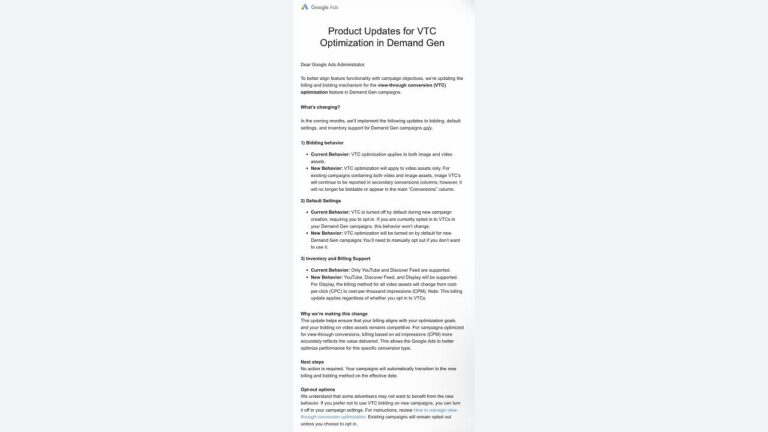 Screenshot of a Google Ads email titled “Product Updates for VTC Optimization in Demand Gen” explaining bidding behavior changes, key benefits, default settings, reasons for using VTC, and instructions for managing campaign settings.