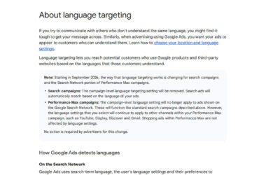 Screenshot of a Google Ads help page titled “About language targeting,” explaining how Google campaign language targeting works, highlighting changes for search and Performance Max campaigns, and detailing how Google Ads detects user languages with the latest Google Ads update.