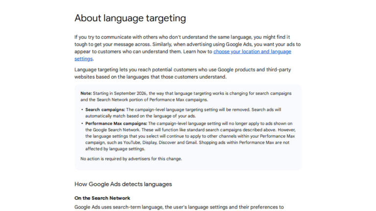 Screenshot of a Google Ads help page titled “About language targeting,” explaining how Google campaign language targeting works, highlighting changes for search and Performance Max campaigns, and detailing how Google Ads detects user languages with the latest Google Ads update.