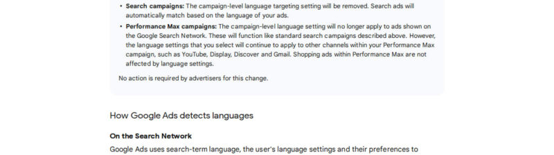 Screenshot of a Google Ads help page titled “About language targeting,” explaining how Google campaign language targeting works, highlighting changes for search and Performance Max campaigns, and detailing how Google Ads detects user languages with the latest Google Ads update.