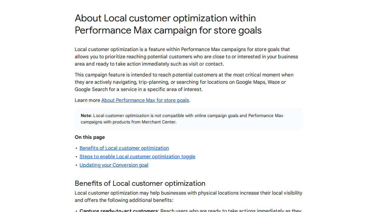 Screenshot of a webpage titled “About Local customer optimization within Performance Max campaign for store goals” with sections explaining local customer optimization and related benefits and links.