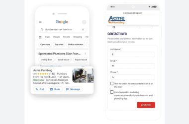 A phone shows a Google search for plumbers with Acme Plumbing highlighted; another phone displays Acme Plumbing’s contact form requesting name, email, and options for messages or scheduling a service technician.