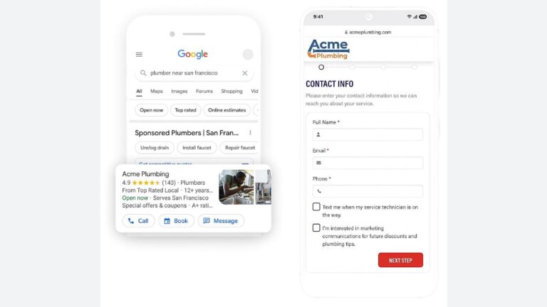 A phone shows a Google search for plumbers with Acme Plumbing highlighted; another phone displays Acme Plumbing’s contact form requesting name, email, and options for messages or scheduling a service technician.