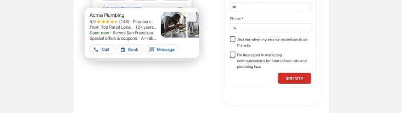 A phone shows a Google search for plumbers with Acme Plumbing highlighted; another phone displays Acme Plumbing’s contact form requesting name, email, and options for messages or scheduling a service technician.