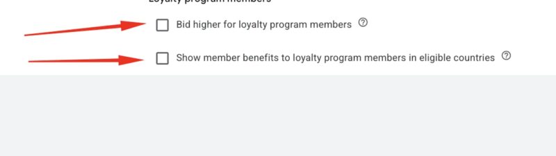 Screenshot of Google Ads customer retention settings showing loyalty program member bidding options with checkboxes for bidding higher and displaying member benefits.