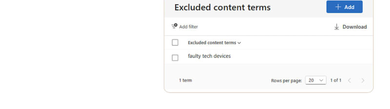 Screenshot of Microsoft Advertising Merchant Center showing the Excluded content terms feature under Content suitability settings, displaying an example excluded term "faulty tech devices"