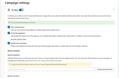 Campaign settings page showing AI Max options like text customization, final URL expansion, search term matching, and brand controls. Active features and tooltips are highlighted, with options to create a new brand list.