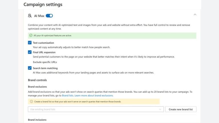 Campaign settings page showing AI Max options like text customization, final URL expansion, search term matching, and brand controls. Active features and tooltips are highlighted, with options to create a new brand list.