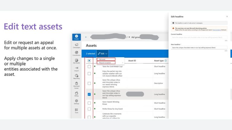 Screenshot of an asset management dashboard showing assets selected for bulk editing, with text instructions on editing or requesting appeals for multiple assets at once.