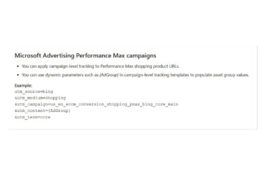 Screenshot showing Microsoft Advertising Performance Max campaign tracking setup with UTM parameters example including source, medium, campaign, content with AdGroup dynamic parameter, and term fields.