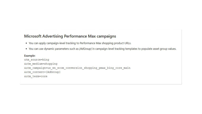 Screenshot showing Microsoft Advertising Performance Max campaign tracking setup with UTM parameters example including source, medium, campaign, content with AdGroup dynamic parameter, and term fields.