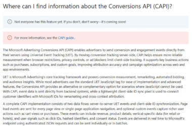 A webpage explains where to find information about the Conversions API, noting not everyone has access. It describes Microsoft Advertising’s process and links to Documentation and a CAPI guide. Technical terms and benefits are highlighted.