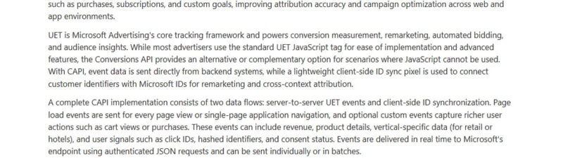 A webpage explains where to find information about the Conversions API, noting not everyone has access. It describes Microsoft Advertising’s process and links to Documentation and a CAPI guide. Technical terms and benefits are highlighted.