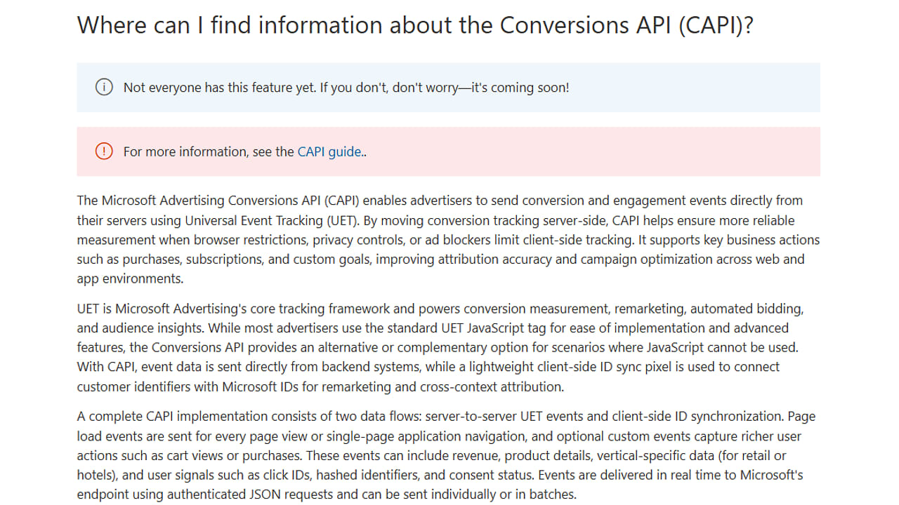 A webpage explains where to find information about the Conversions API, noting not everyone has access. It describes Microsoft Advertising’s process and links to Documentation and a CAPI guide. Technical terms and benefits are highlighted.