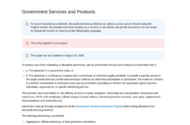 Screenshot of Microsoft Advertising's Government Services and Products policy page showing requirements for government service ads and prohibited advertising types