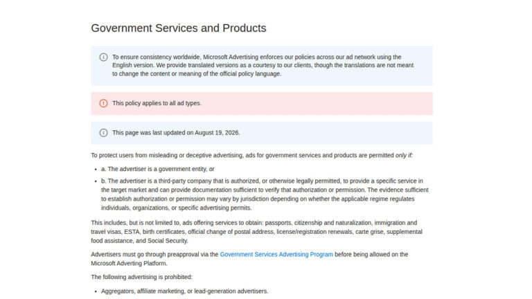 Screenshot of Microsoft Advertising's Government Services and Products policy page showing requirements for government service ads and prohibited advertising types