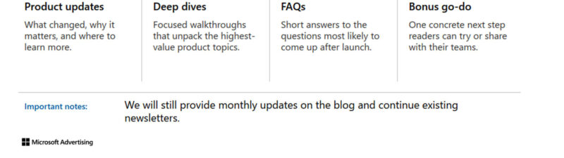 Microsoft Advertising product newsletter launch announcement showing August 3, 2026 LinkedIn debut with four content sections: product updates, deep dives, FAQs, and bonus go-do items.
