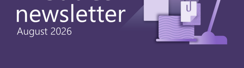 Microsoft Advertising product newsletter August 2026 cover featuring desk lamp and office supplies illustration on purple background