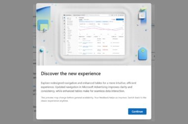 Screenshot of Microsoft Advertising platform showing redesigned navigation and enhanced campaign data tables with performance charts and metrics dashboard