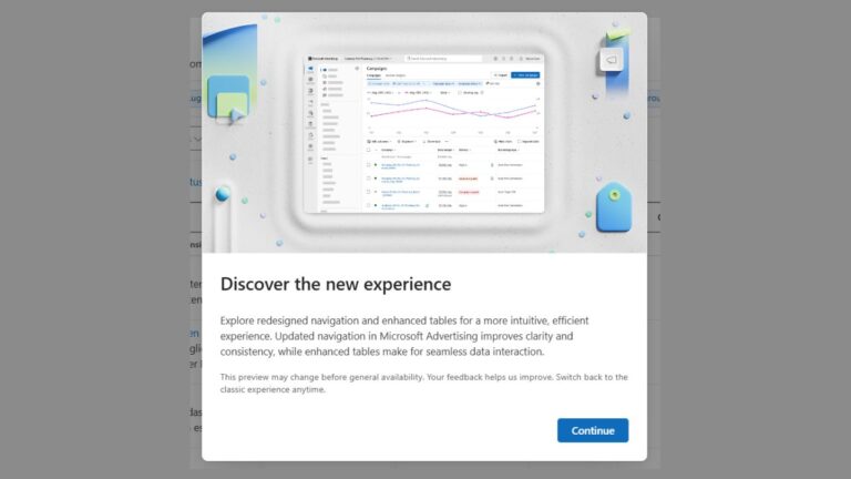 Screenshot of Microsoft Advertising platform showing redesigned navigation and enhanced campaign data tables with performance charts and metrics dashboard