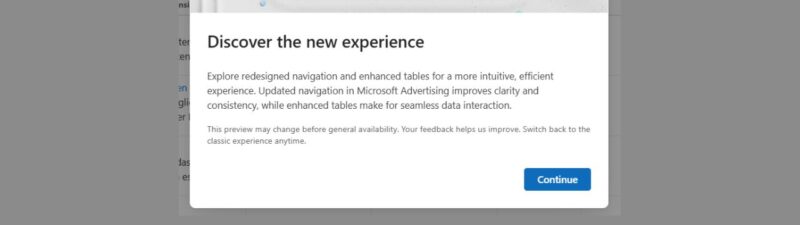 Screenshot of Microsoft Advertising platform showing redesigned navigation and enhanced campaign data tables with performance charts and metrics dashboard