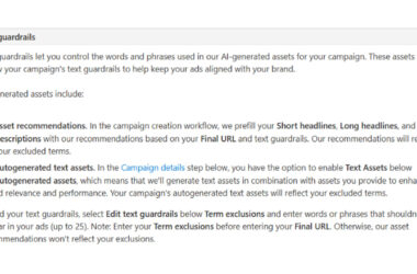 Screenshot of Microsoft Ads documentation explaining text guardrails feature for controlling words and phrases in AI-generated campaign assets, including asset recommendations and autogenerated text options.