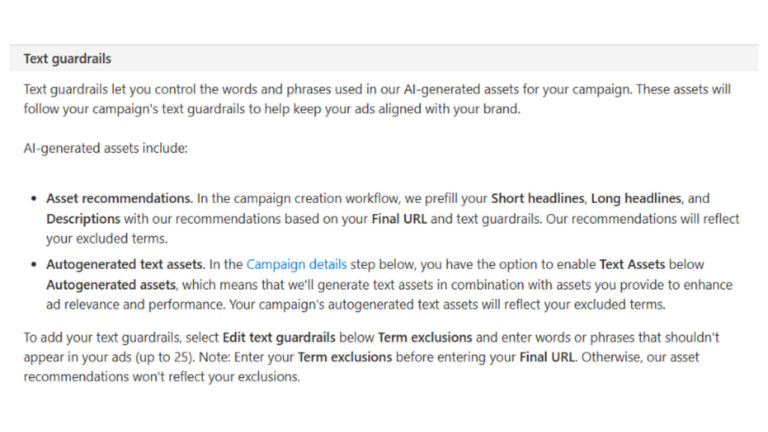 Screenshot of Microsoft Ads documentation explaining text guardrails feature for controlling words and phrases in AI-generated campaign assets, including asset recommendations and autogenerated text options.