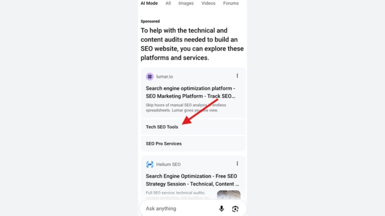 A Google search results page showing a red arrow pointing to the “Tech SEO Tools” link under a “Search engine optimization platform” result, highlighting the presence of sitelinks beneath the main listing.