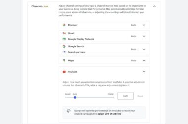 Google Ads Performance Max channel settings interface showing channel prioritization controls including Discover, Gmail, Google Display Network, Google Search, Search partners, Maps, and YouTube with adjustable conversion priority slider set to Auto with a target CPA of $150.00