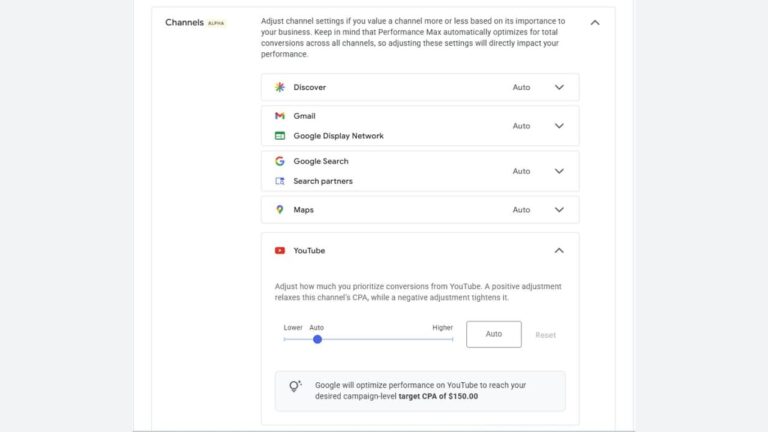 Google Ads Performance Max channel settings interface showing channel prioritization controls including Discover, Gmail, Google Display Network, Google Search, Search partners, Maps, and YouTube with adjustable conversion priority slider set to Auto with a target CPA of $150.00