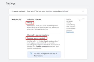 Google Ads billing settings page showing the new Prepay and Postpay payment options highlighted in red