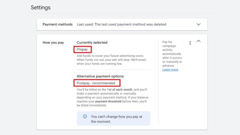 Google Ads billing settings page showing the new Prepay and Postpay payment options highlighted in red