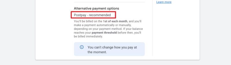 Google Ads billing settings page showing the new Prepay and Postpay payment options highlighted in red