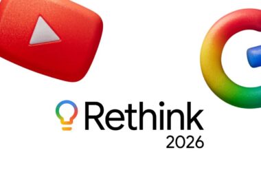 YouTube and Google logos with Rethink 2026 conference branding and lightbulb icon on white background
