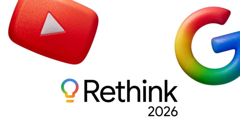 YouTube and Google logos with Rethink 2026 conference branding and lightbulb icon on white background