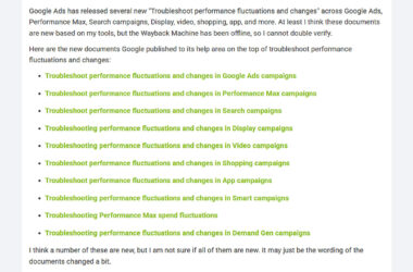 Screenshot of Google Ads help documentation listing new troubleshooting guides for performance fluctuations across Google Ads, Performance Max, Search, Display, Video, Shopping, App, Smart, and Demand Gen campaigns