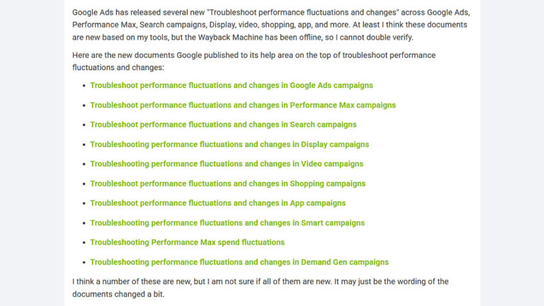 Screenshot of Google Ads help documentation listing new troubleshooting guides for performance fluctuations across Google Ads, Performance Max, Search, Display, Video, Shopping, App, Smart, and Demand Gen campaigns