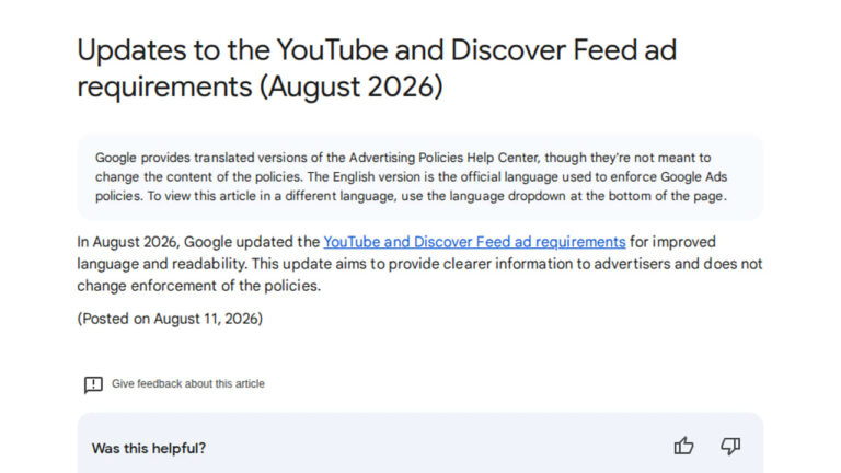 Updates to YouTube and Discover Feed Ad Requirements