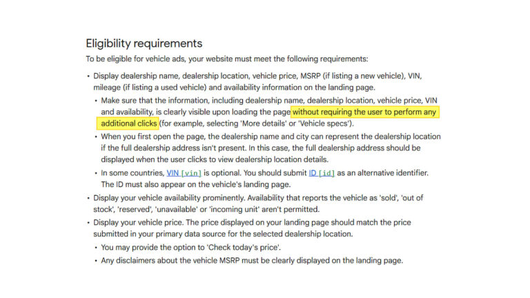 Screenshot of Google's vehicle ads eligibility requirements showing mandatory landing page information including dealership name, location, vehicle price, VIN, and availability details that must be visible without additional clicks