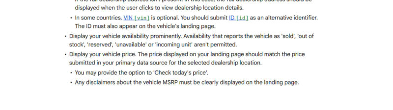 Screenshot of Google's vehicle ads eligibility requirements showing mandatory landing page information including dealership name, location, vehicle price, VIN, and availability details that must be visible without additional clicks
