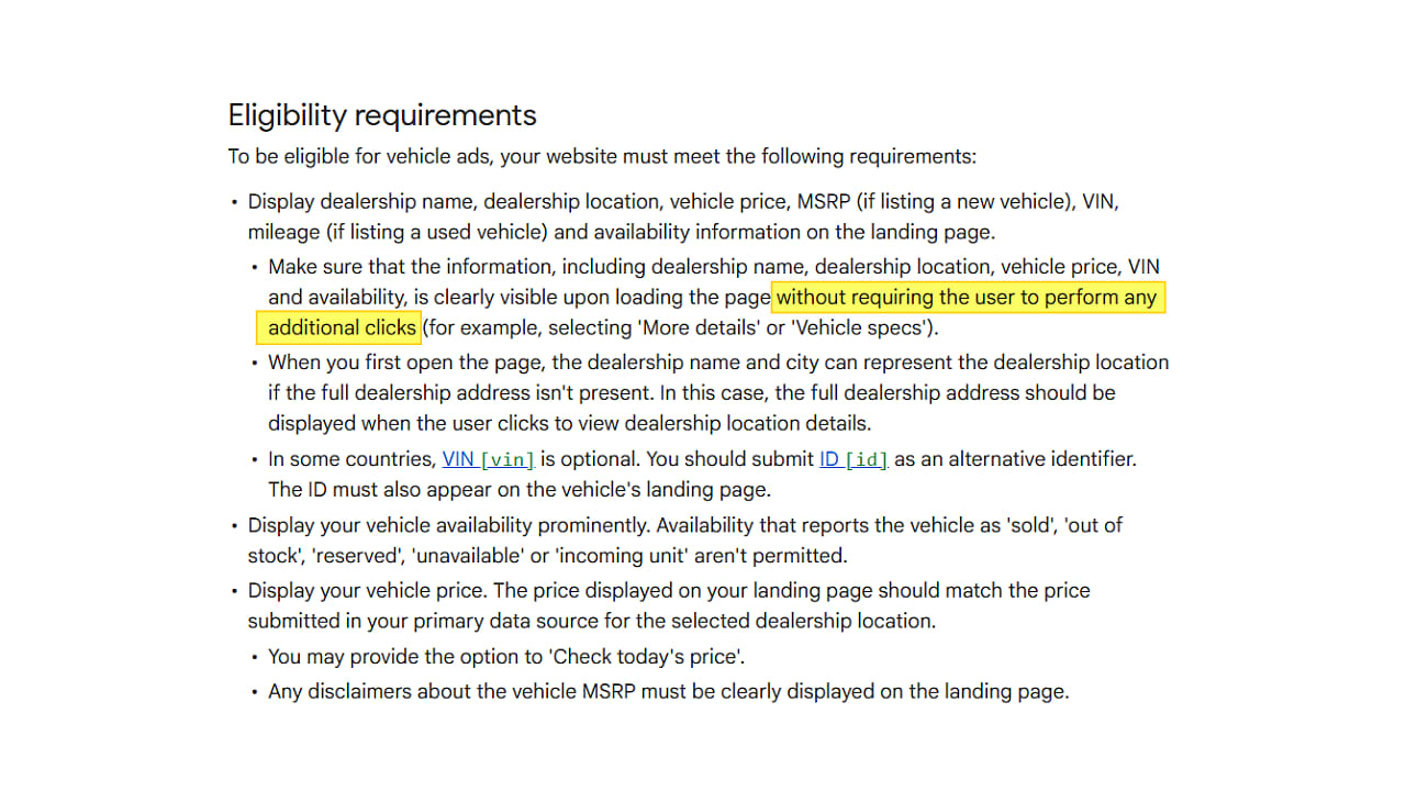 Screenshot of Google's vehicle ads eligibility requirements showing mandatory landing page information including dealership name, location, vehicle price, VIN, and availability details that must be visible without additional clicks