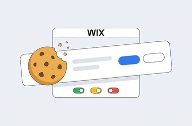 Illustration of a browser window labeled “WIX” with a bitten cookie and a Wix Cookie Banner consent pop-up. Three toggle switches—green, yellow, and red—are shown below the pop-up, highlighting different setup options for managing cookies with Usercentrics.