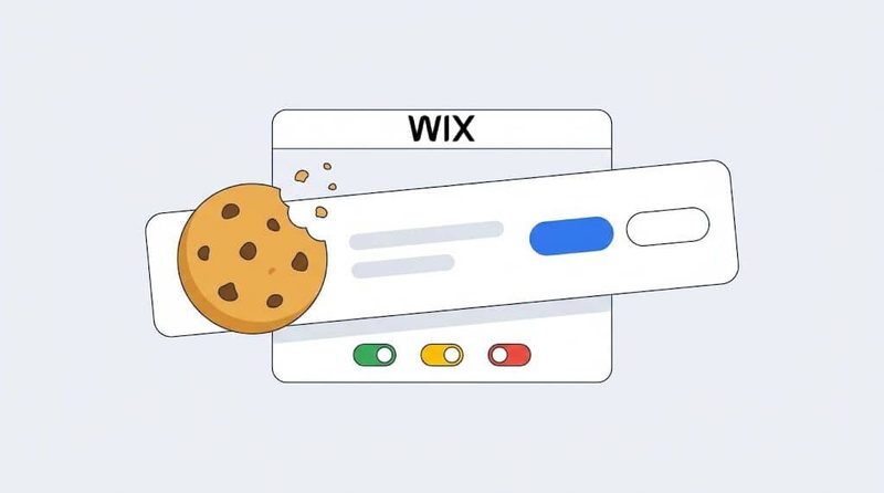 Illustration of a browser window labeled “WIX” with a bitten cookie and a Wix Cookie Banner consent pop-up. Three toggle switches—green, yellow, and red—are shown below the pop-up, highlighting different setup options for managing cookies with Usercentrics.