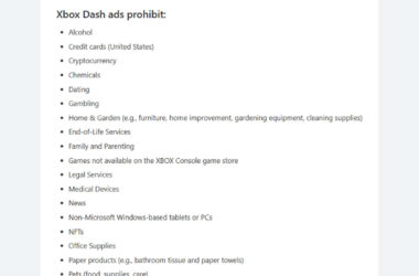 A bulleted list showing Xbox Dash advertising prohibitions including alcohol, cryptocurrency, gambling, dating, NFTs, medical devices, and other restricted content categories.