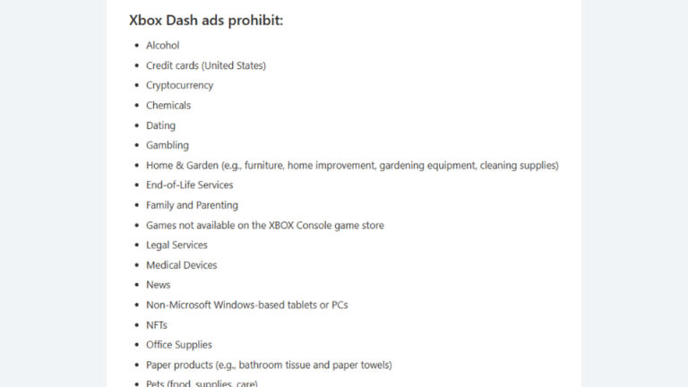 A bulleted list showing Xbox Dash advertising prohibitions including alcohol, cryptocurrency, gambling, dating, NFTs, medical devices, and other restricted content categories.